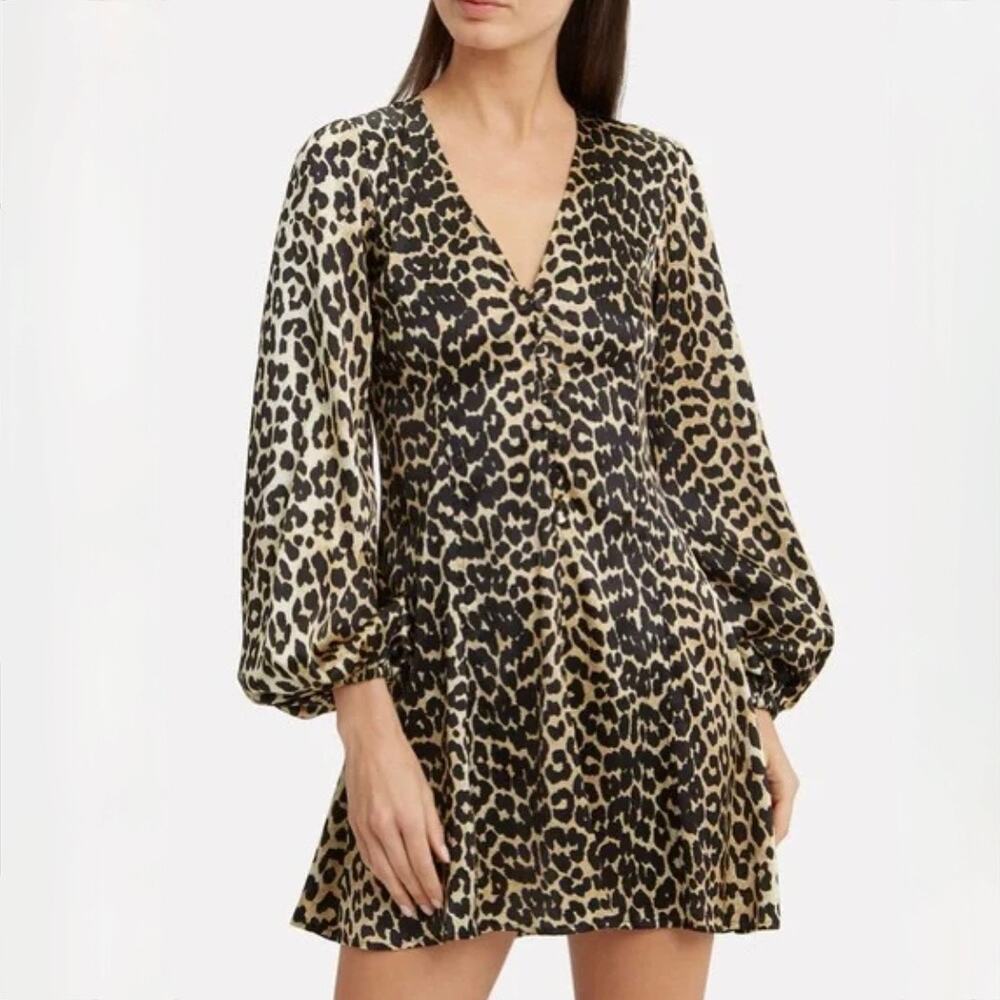 Ganni Blakely Leopard Print Mini Dress in Brown Silk Blend  EURO 42 - US Size 10